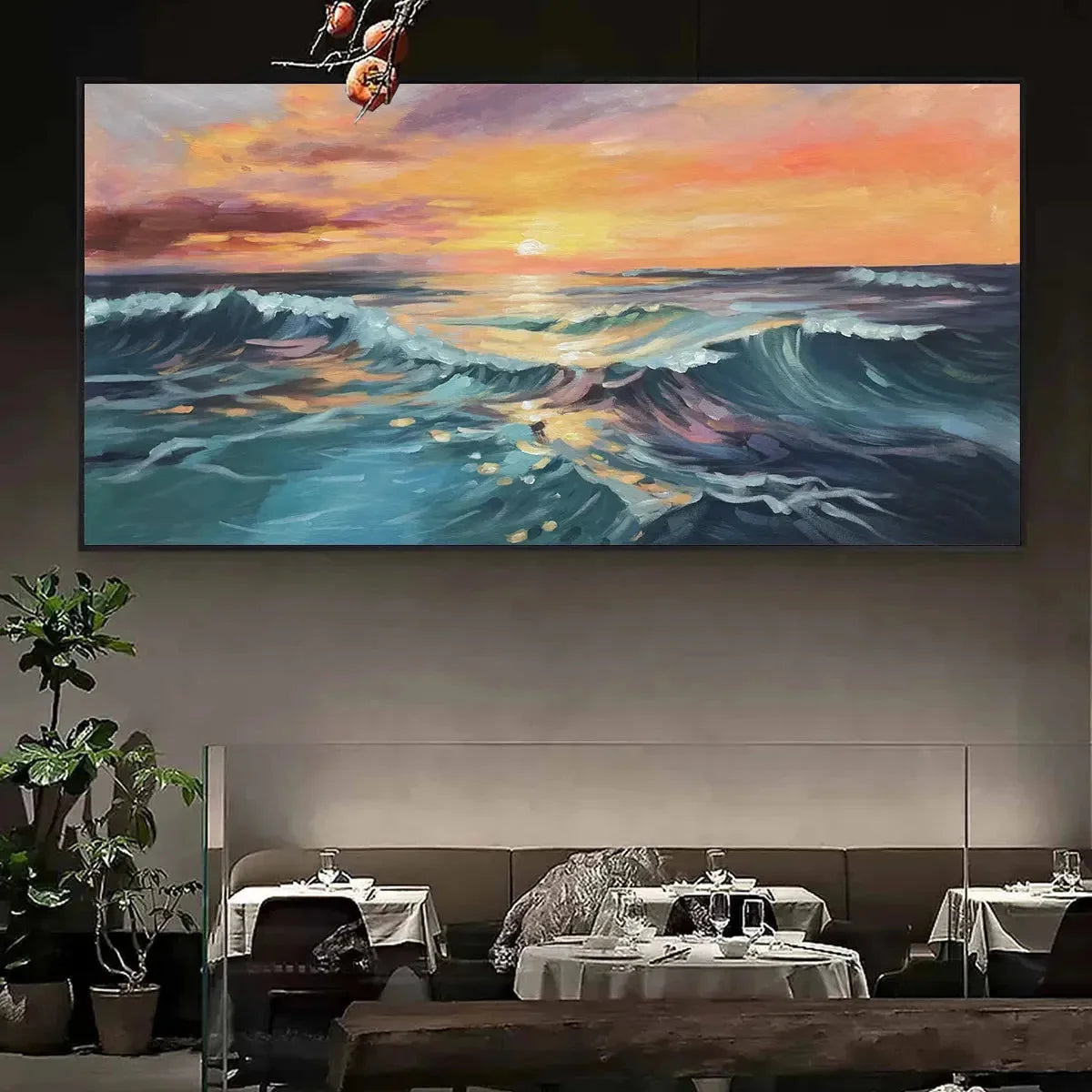OCEAN'S EMBRACE: Panoramic Ocean Sunset Painting in Teal and Orange | black frame version on white wall