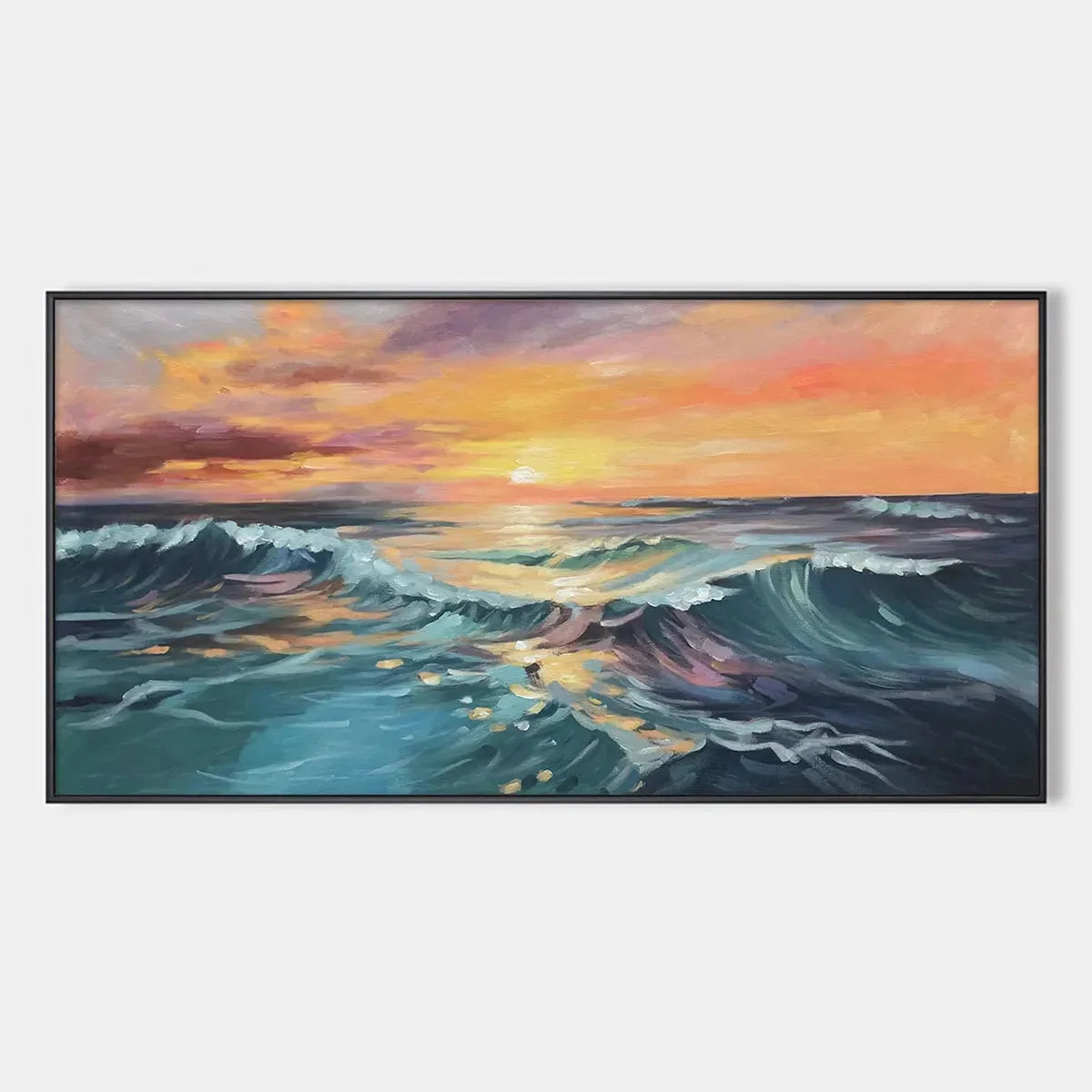 OCEAN'S EMBRACE: Panoramic Ocean Sunset Painting in Teal and Orange | hanging in living room, Abstract wall art