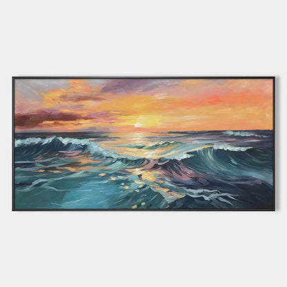 OCEAN'S EMBRACE: Panoramic Ocean Sunset Painting in Teal and Orange | hanging in living room, Abstract wall art
