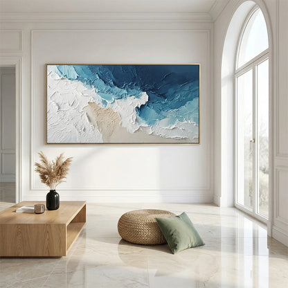 OCEAN'S EMBRACE: Textured Abstract Coastal Seascape Painting | gold frame stretched on neutral wall