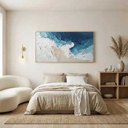 OCEAN'S EMBRACE: Textured Abstract Coastal Seascape Painting | black frame version on white wall