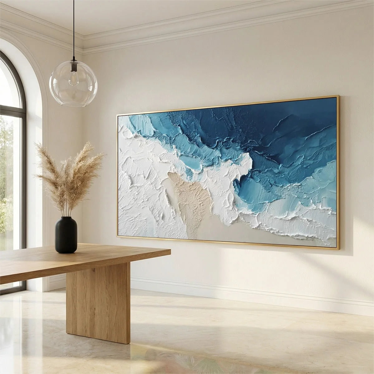 OCEAN'S EMBRACE: Textured Abstract Coastal Seascape Painting | Abstract mood, soft natural light studio shot