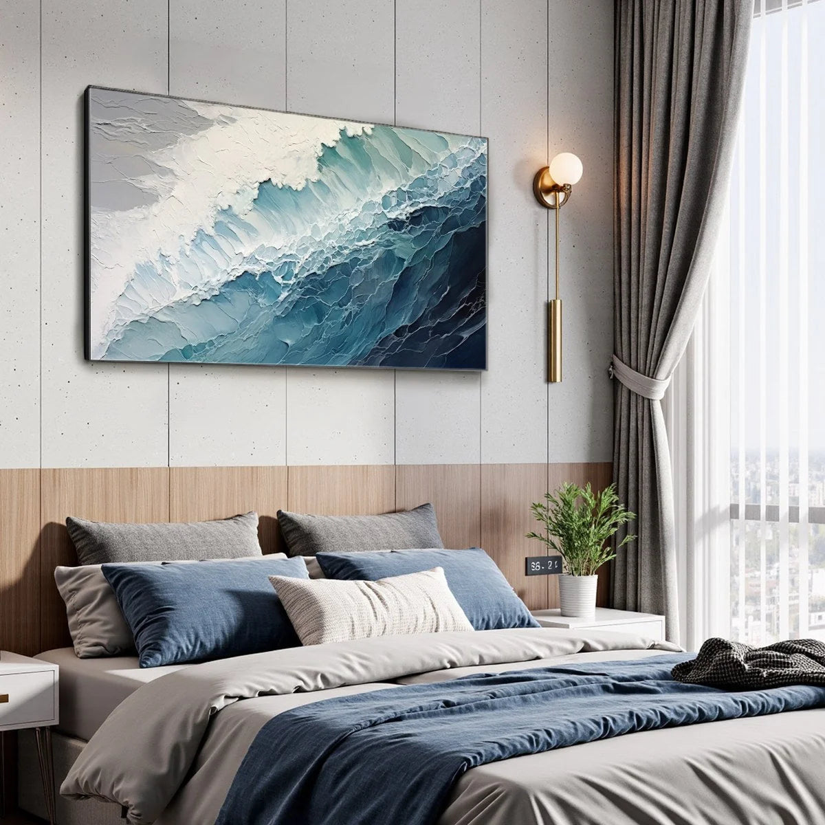 OCEAN'S EMBRACE: Textured Abstract Seascape Oil Painting | gold frame stretched on neutral wall