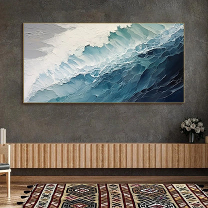 OCEAN'S EMBRACE: Textured Abstract Seascape Oil Painting | black frame version on white wall