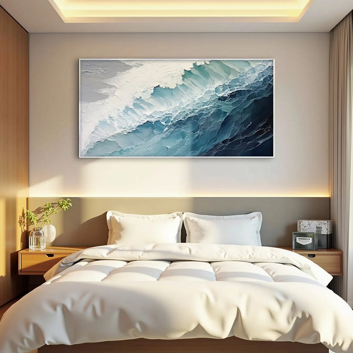 OCEAN'S EMBRACE: Textured Abstract Seascape Oil Painting | Abstract mood, soft natural light studio shot