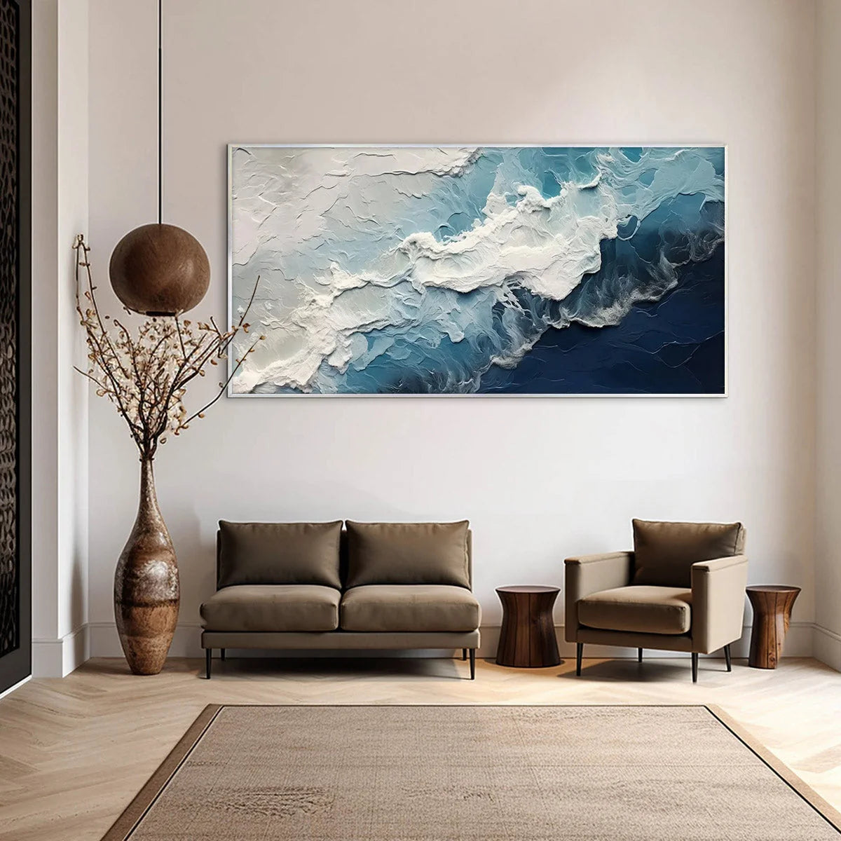 OCEAN'S EMBRACE: Textured Abstract Seascape Oil Painting | gold frame stretched on neutral wall