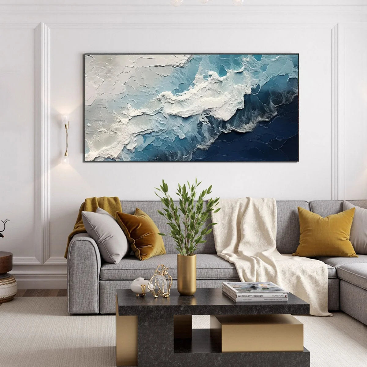 OCEAN'S EMBRACE: Textured Abstract Seascape Oil Painting | Abstract mood, soft natural light studio shot