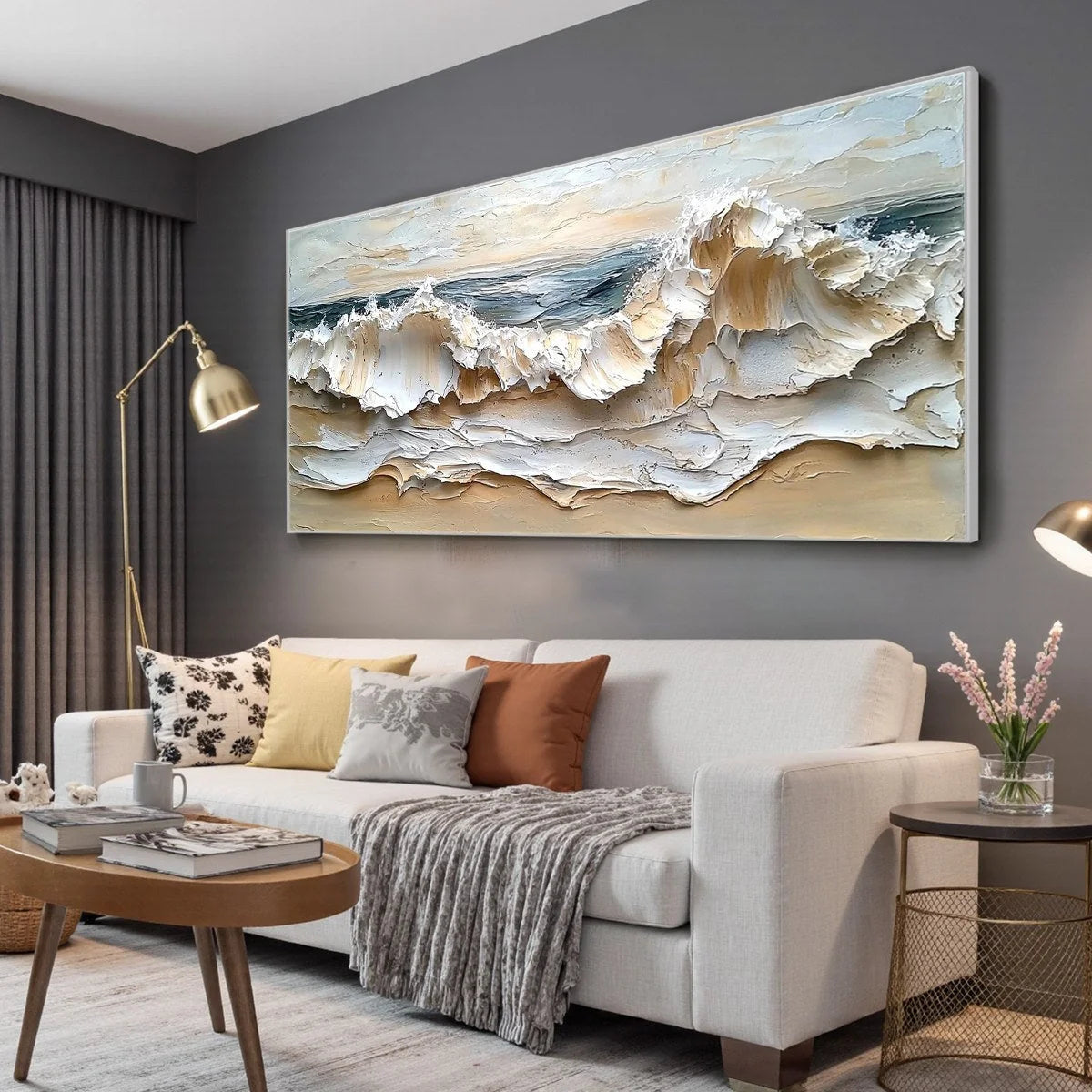 COASTAL CRESCENDO: Heavily Textured Impasto Ocean Wave Wall Art | gold frame stretched on neutral wall