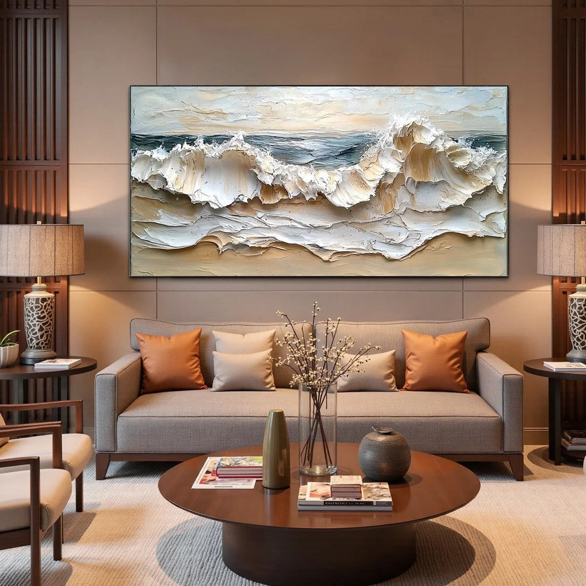 COASTAL CRESCENDO: Heavily Textured Impasto Ocean Wave Wall Art | black frame version on white wall