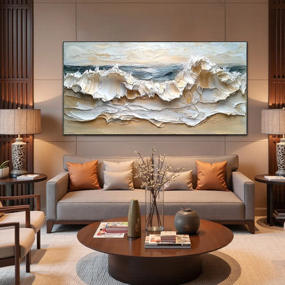 COASTAL CRESCENDO: Heavily Textured Impasto Ocean Wave Wall Art | black frame version on white wall