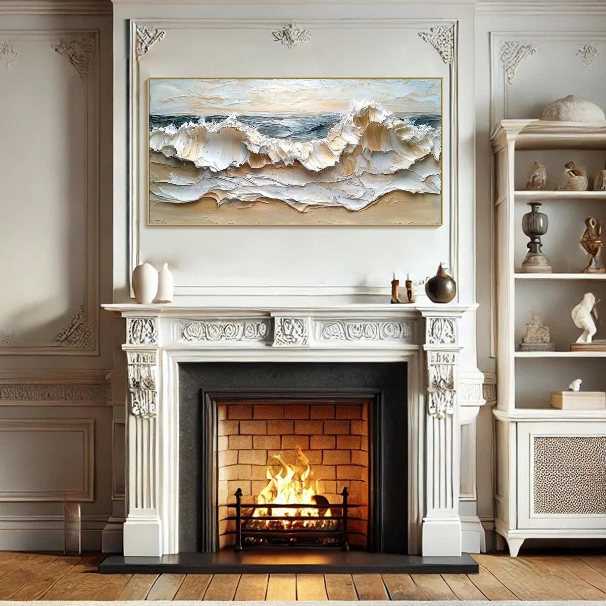 COASTAL CRESCENDO: Heavily Textured Impasto Ocean Wave Wall Art | Abstract mood, soft natural light studio shot