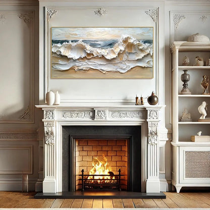 COASTAL CRESCENDO: Heavily Textured Impasto Ocean Wave Wall Art | Abstract mood, soft natural light studio shot