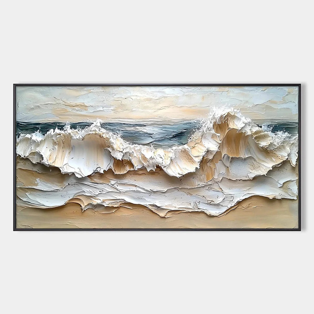 COASTAL CRESCENDO: Heavily Textured Impasto Ocean Wave Wall Art | hanging in COASTAL CRESCENDO: Heavily Textured Impasto Ocean Wave Wall Art featuring layered textured brushwork in refined tones; a...