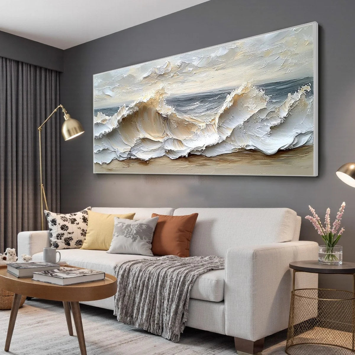 OCEAN'S EMBRACE: Textured Impasto Coastal Wave Oil Painting | gold frame stretched on neutral wall