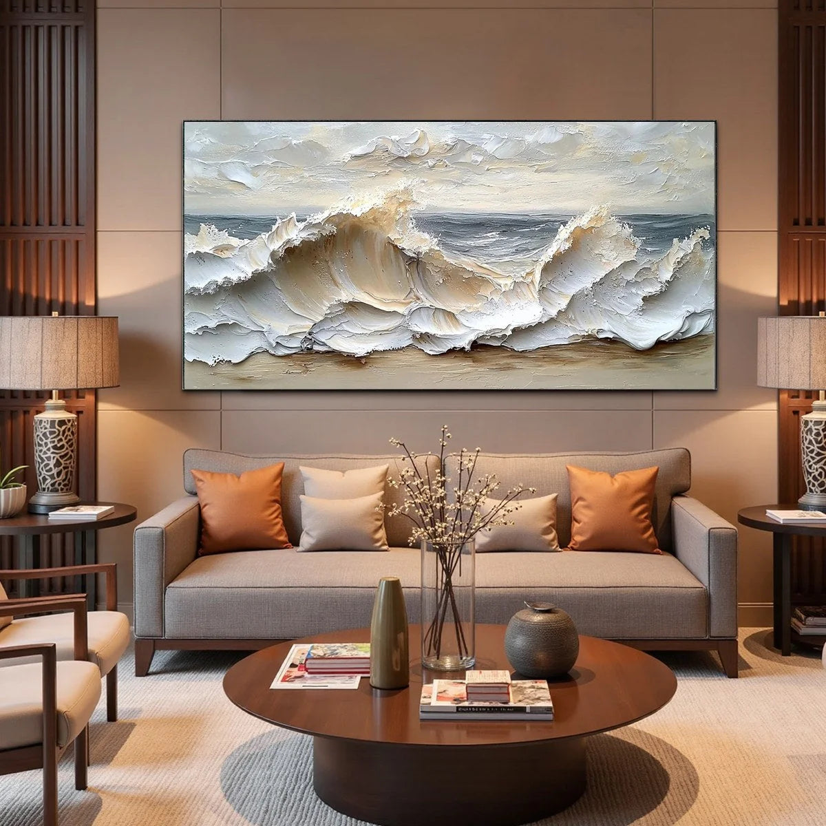 OCEAN'S EMBRACE: Textured Impasto Coastal Wave Oil Painting | black frame version on white wall