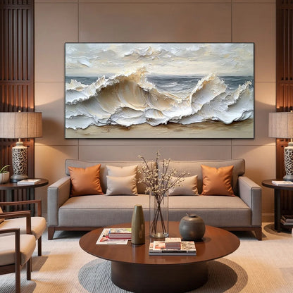 OCEAN'S EMBRACE: Textured Impasto Coastal Wave Oil Painting | black frame version on white wall