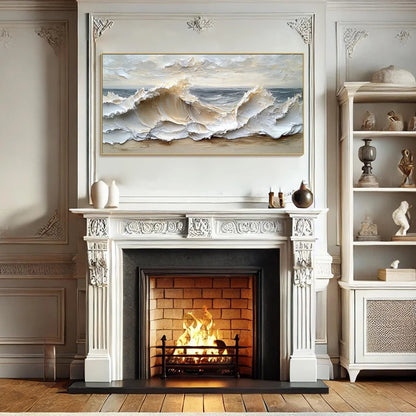 OCEAN'S EMBRACE: Textured Impasto Coastal Wave Oil Painting | Abstract mood, soft natural light studio shot