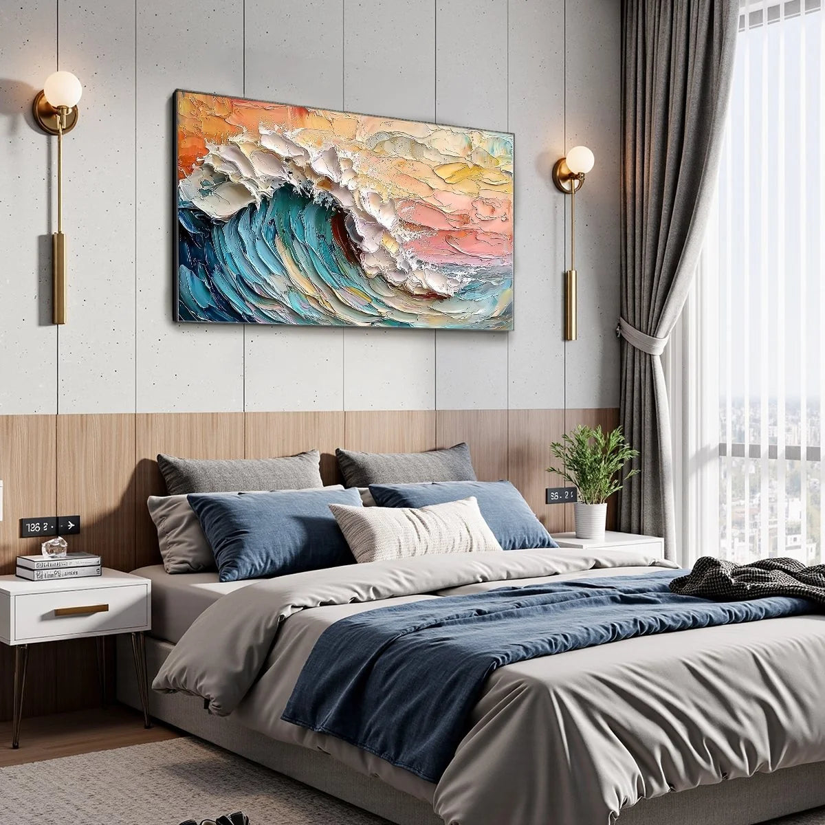 OCEAN'S EMBRACE: Textured Impasto Ocean Wave Oil Painting | gold frame stretched on neutral wall