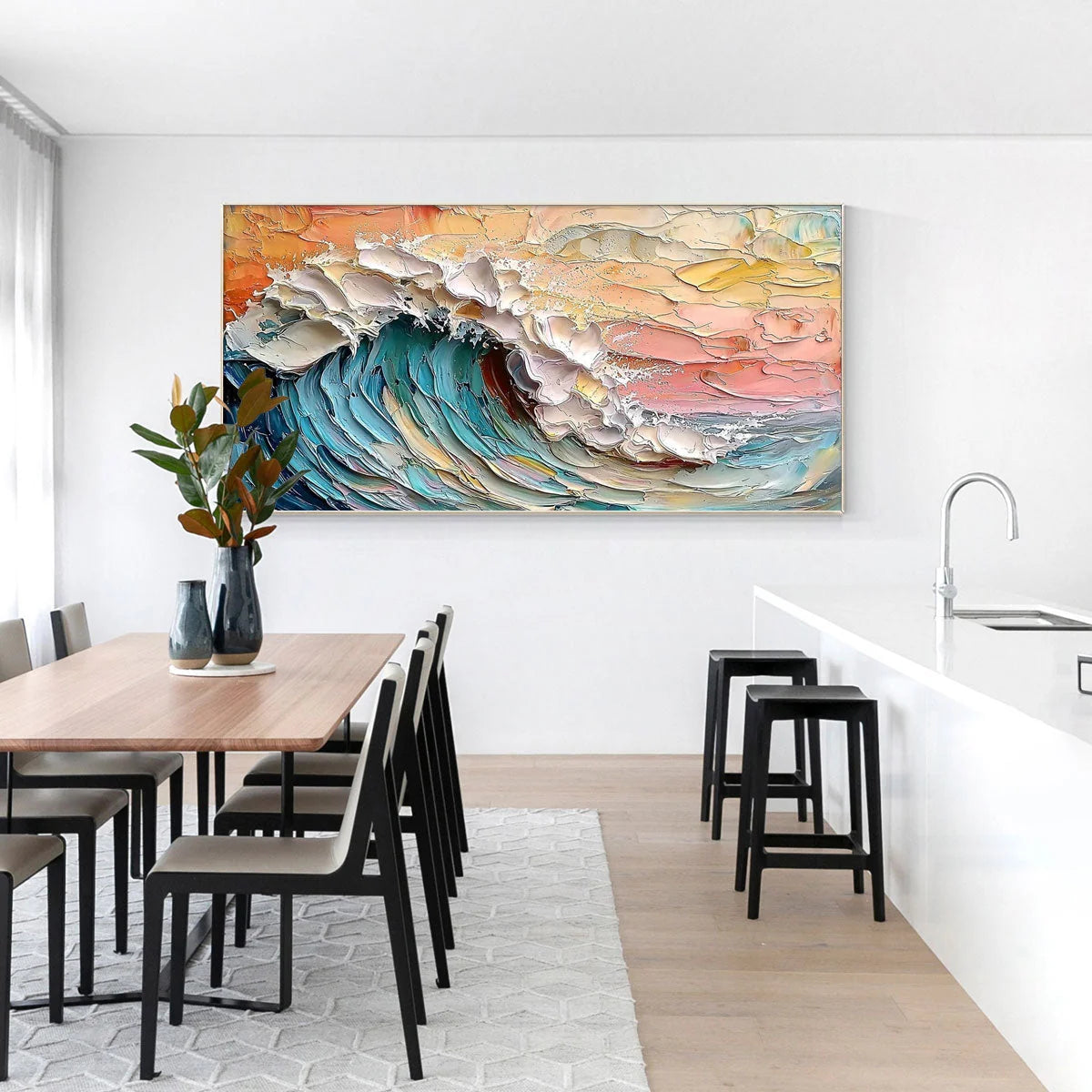 OCEAN'S EMBRACE: Textured Impasto Ocean Wave Oil Painting | black frame version on white wall