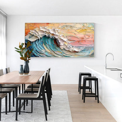 OCEAN'S EMBRACE: Textured Impasto Ocean Wave Oil Painting | black frame version on white wall