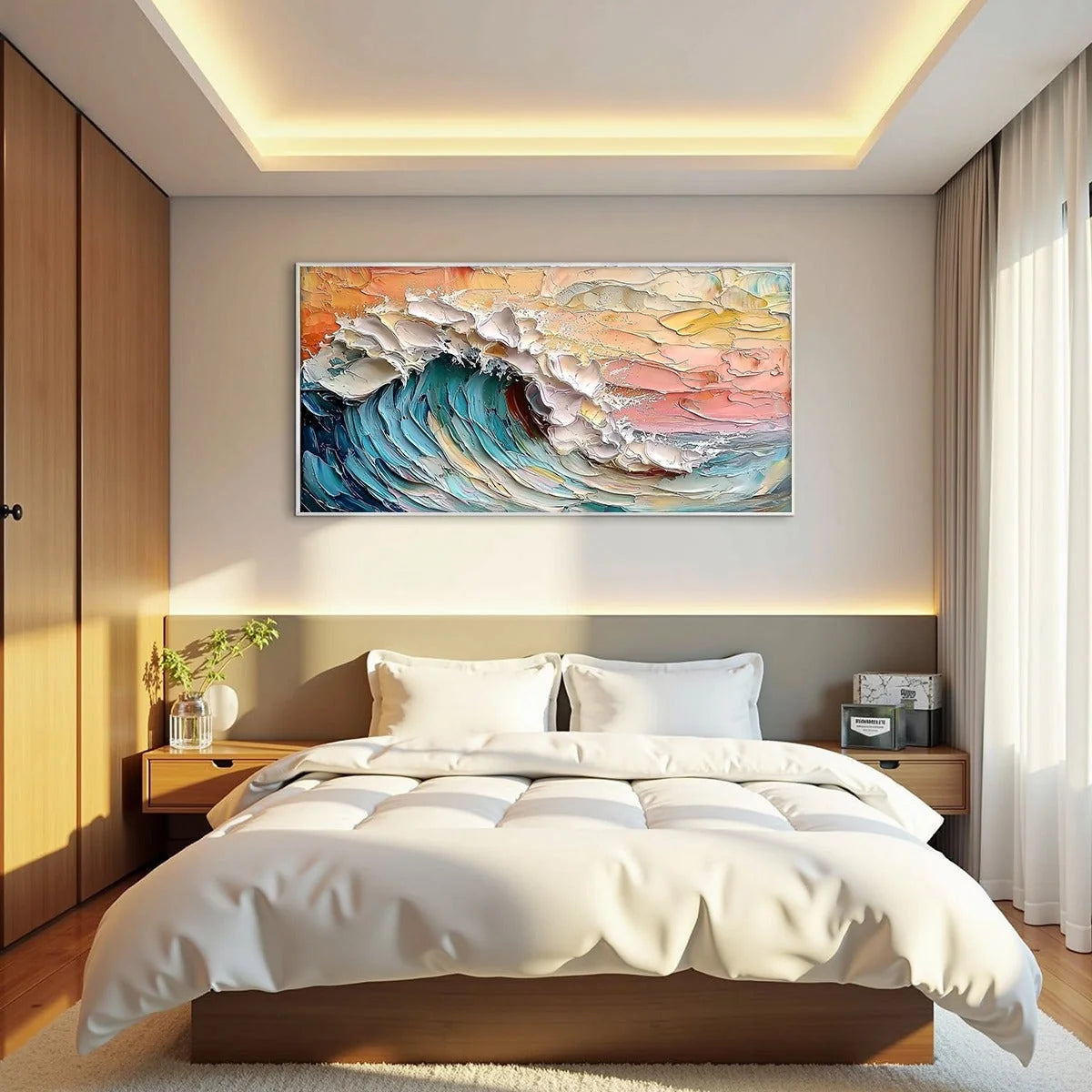OCEAN'S EMBRACE: Textured Impasto Ocean Wave Oil Painting | Abstract mood, soft natural light studio shot