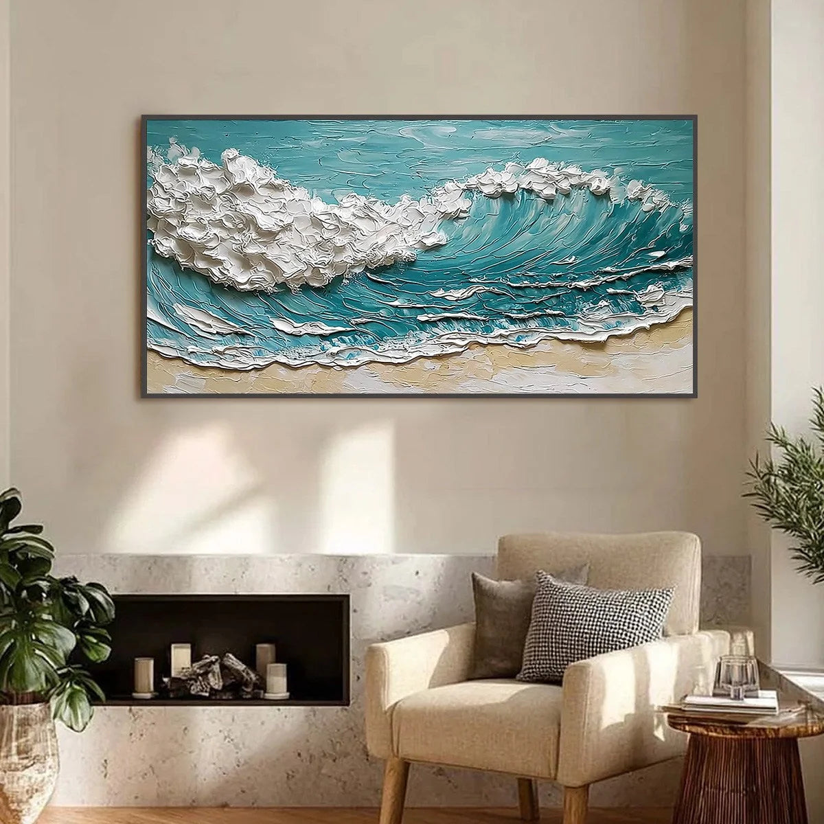 OCEAN'S EMBRACE: Textured Impasto Ocean Wave Painting for Coastal Decor | Abstract closeup, raised brushwork detail