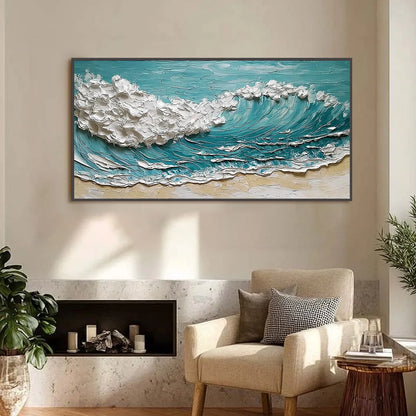 OCEAN'S EMBRACE: Textured Impasto Ocean Wave Painting for Coastal Decor | Abstract closeup, raised brushwork detail