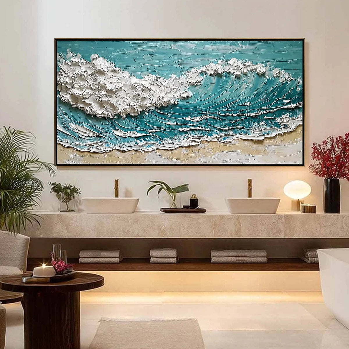 OCEAN'S EMBRACE: Textured Impasto Ocean Wave Painting for Coastal Decor | gold frame stretched on neutral wall