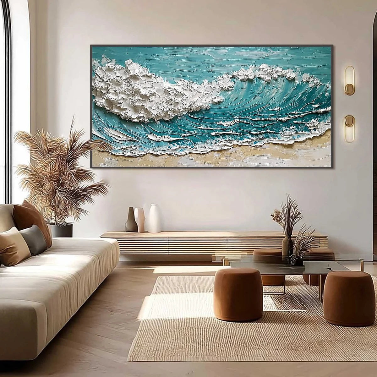 OCEAN'S EMBRACE: Textured Impasto Ocean Wave Painting for Coastal Decor | black frame version on white wall