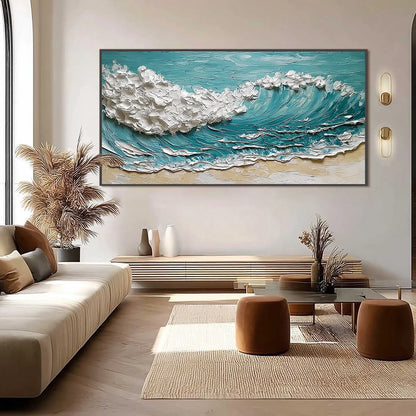 OCEAN'S EMBRACE: Textured Impasto Ocean Wave Painting for Coastal Decor | black frame version on white wall