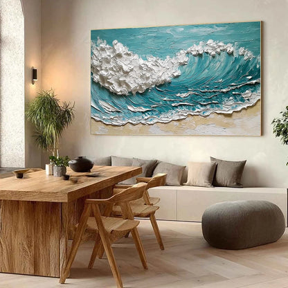 OCEAN'S EMBRACE: Textured Impasto Ocean Wave Painting for Coastal Decor | Abstract mood, soft natural light studio shot