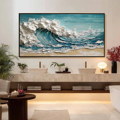 OCEAN'S EMBRACE: Textured Impasto Ocean Wave Painting on Canvas | gold frame stretched on neutral wall