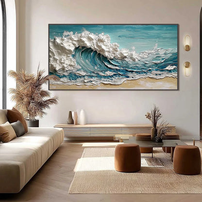 OCEAN'S EMBRACE: Textured Impasto Ocean Wave Painting on Canvas | black frame version on white wall