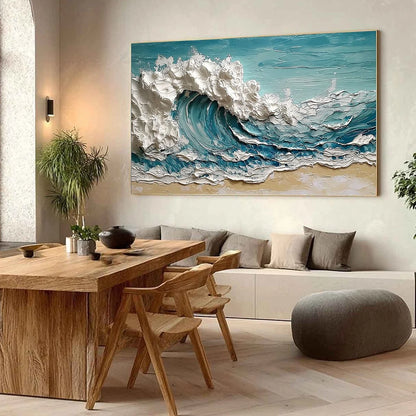 OCEAN'S EMBRACE: Textured Impasto Ocean Wave Painting on Canvas | Abstract mood, soft natural light studio shot