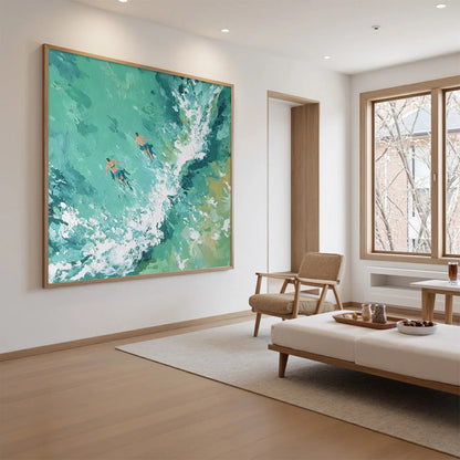 OCEAN'S EMBRACE Textured Impressionist Seascape Oil Painting | gold frame stretched on neutral wall
