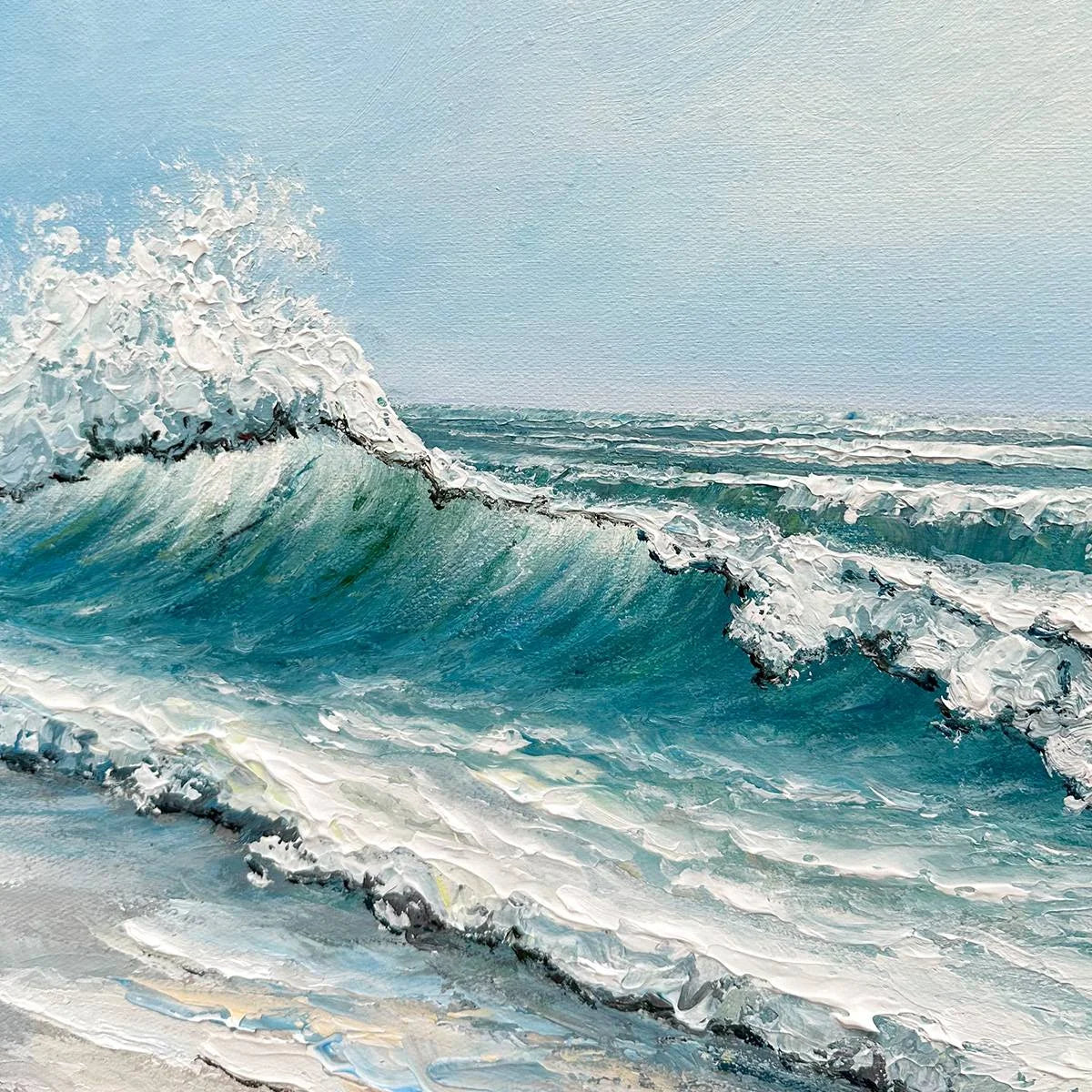 OCEAN'S EMBRACE: Textured Ocean Painting, Impasto Wall Art, Vertical Canvas, Beach Decor | rectangular format, hand-painted canvas edge