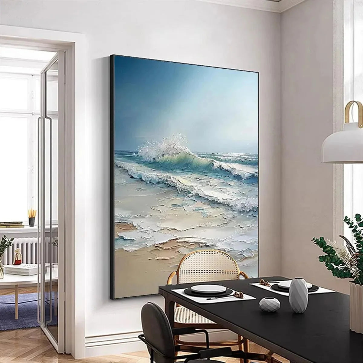 OCEAN'S EMBRACE: Textured Ocean Painting, Impasto Wall Art, Vertical Canvas, Beach Decor | black frame version on white wall