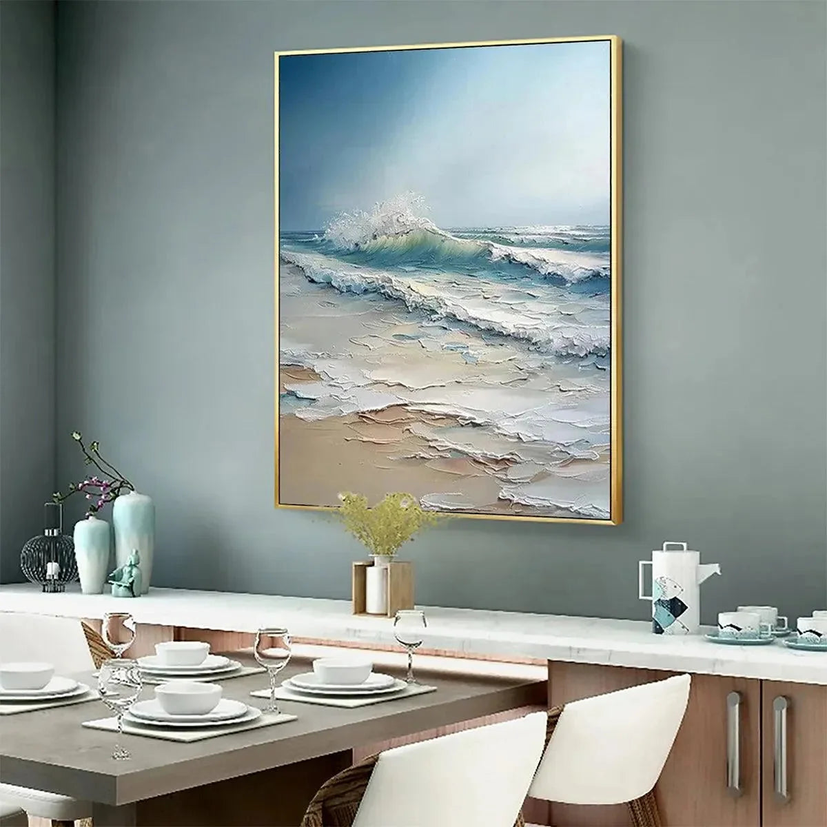 OCEAN'S EMBRACE: Textured Ocean Painting, Impasto Wall Art, Vertical Canvas, Beach Decor | Abstract mood, soft natural light studio shot