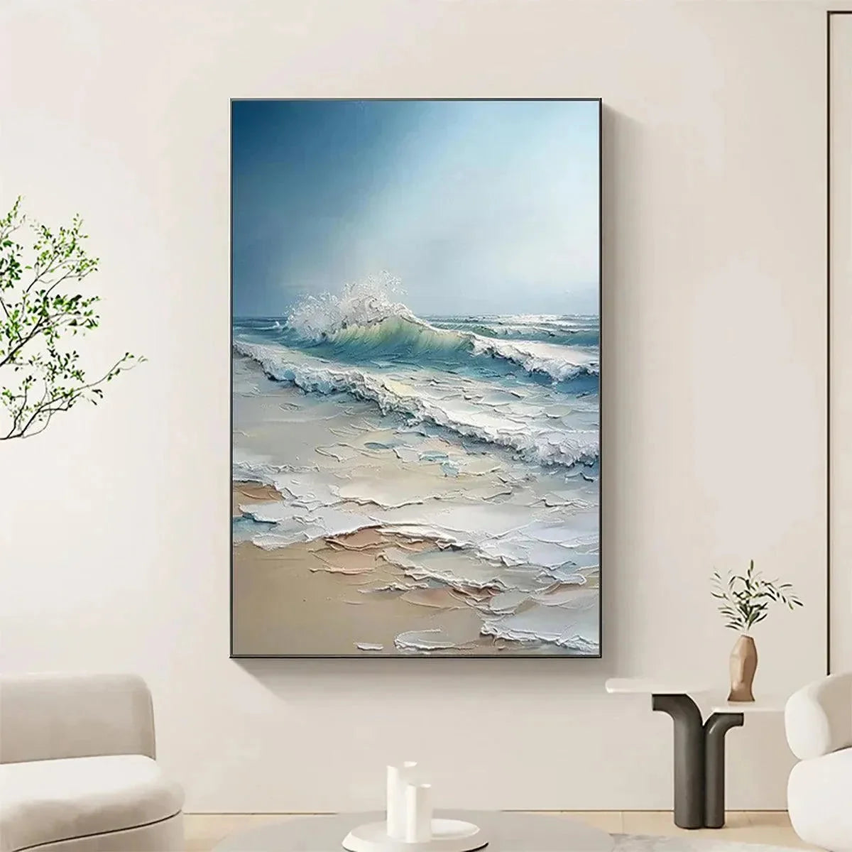 OCEAN'S EMBRACE: Textured Ocean Painting, Impasto Wall Art, Vertical Canvas, Beach Decor | texture detail, palette knife marks visible