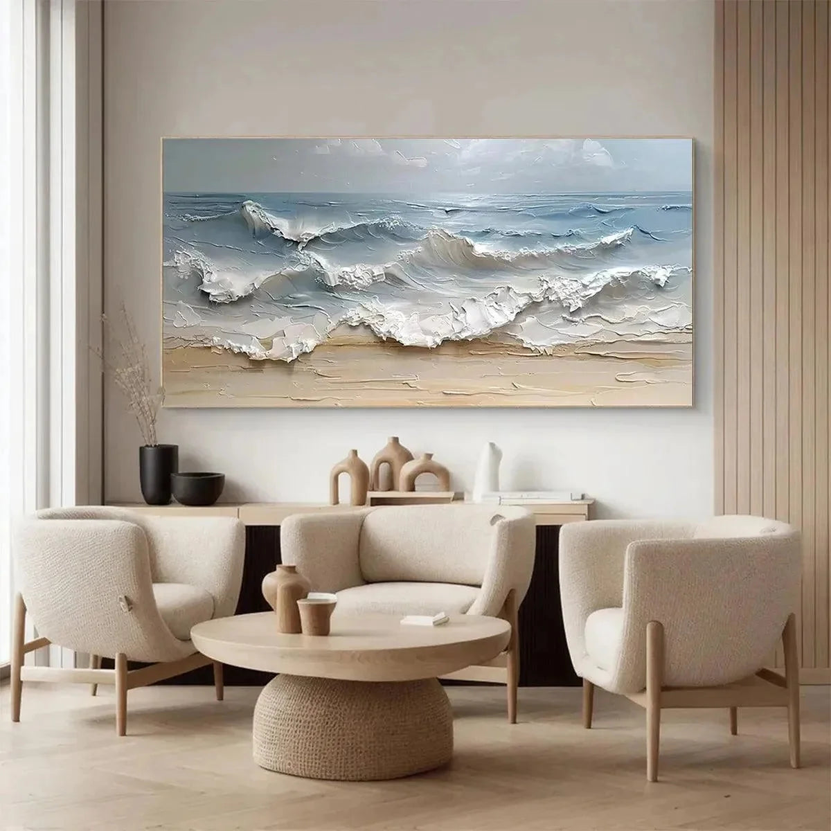 OCEAN'S EMBRACE: Textured Seascape Painting, Impasto Wall Art, Horizontal Canvas, Ocean Decor | gold frame stretched on neutral wall