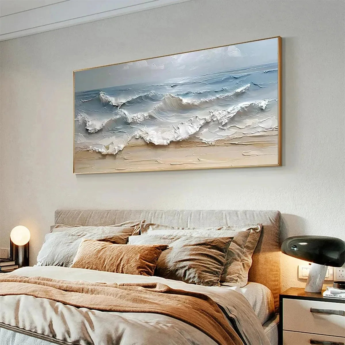OCEAN'S EMBRACE: Textured Seascape Painting, Impasto Wall Art, Horizontal Canvas, Ocean Decor | Abstract mood, soft natural light studio shot