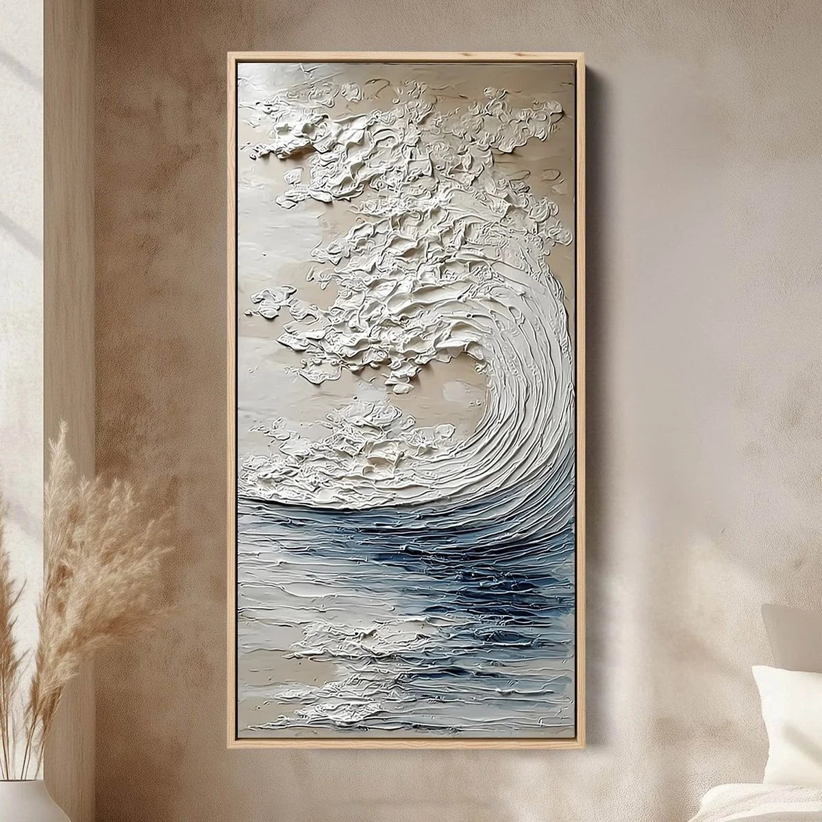 OCEAN'S EMBRACE: Vertical Textured Wabi Sabi Seascape Oil Painting | Abstract closeup, raised brushwork detail