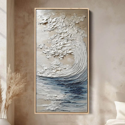 OCEAN'S EMBRACE: Vertical Textured Wabi Sabi Seascape Oil Painting | Abstract closeup, raised brushwork detail
