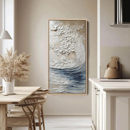 OCEAN'S EMBRACE: Vertical Textured Wabi Sabi Seascape Oil Painting | gold frame stretched on neutral wall