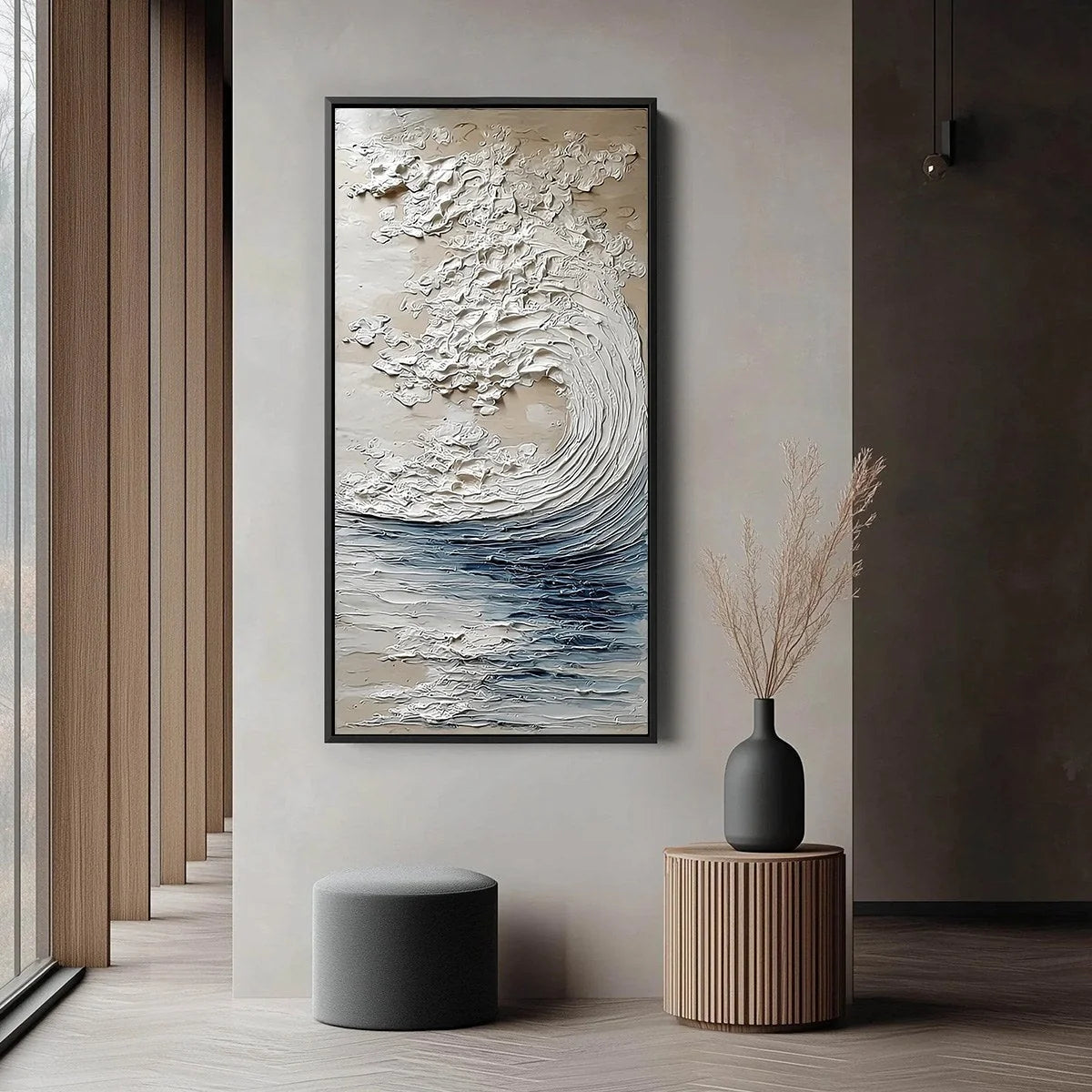 OCEAN'S EMBRACE: Vertical Textured Wabi Sabi Seascape Oil Painting | black frame version on white wall