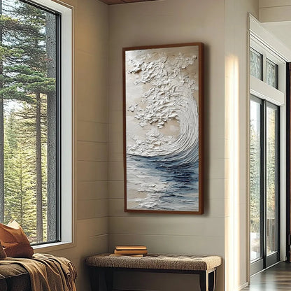 OCEAN'S EMBRACE: Vertical Textured Wabi Sabi Seascape Oil Painting | Abstract mood, soft natural light studio shot