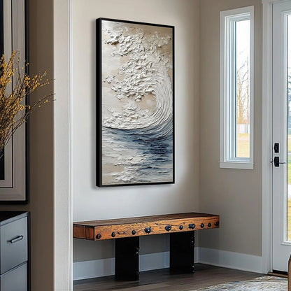 OCEAN'S EMBRACE: Vertical Textured Wabi Sabi Seascape Oil Painting | multi-color palette, original oil on stretched canvas art