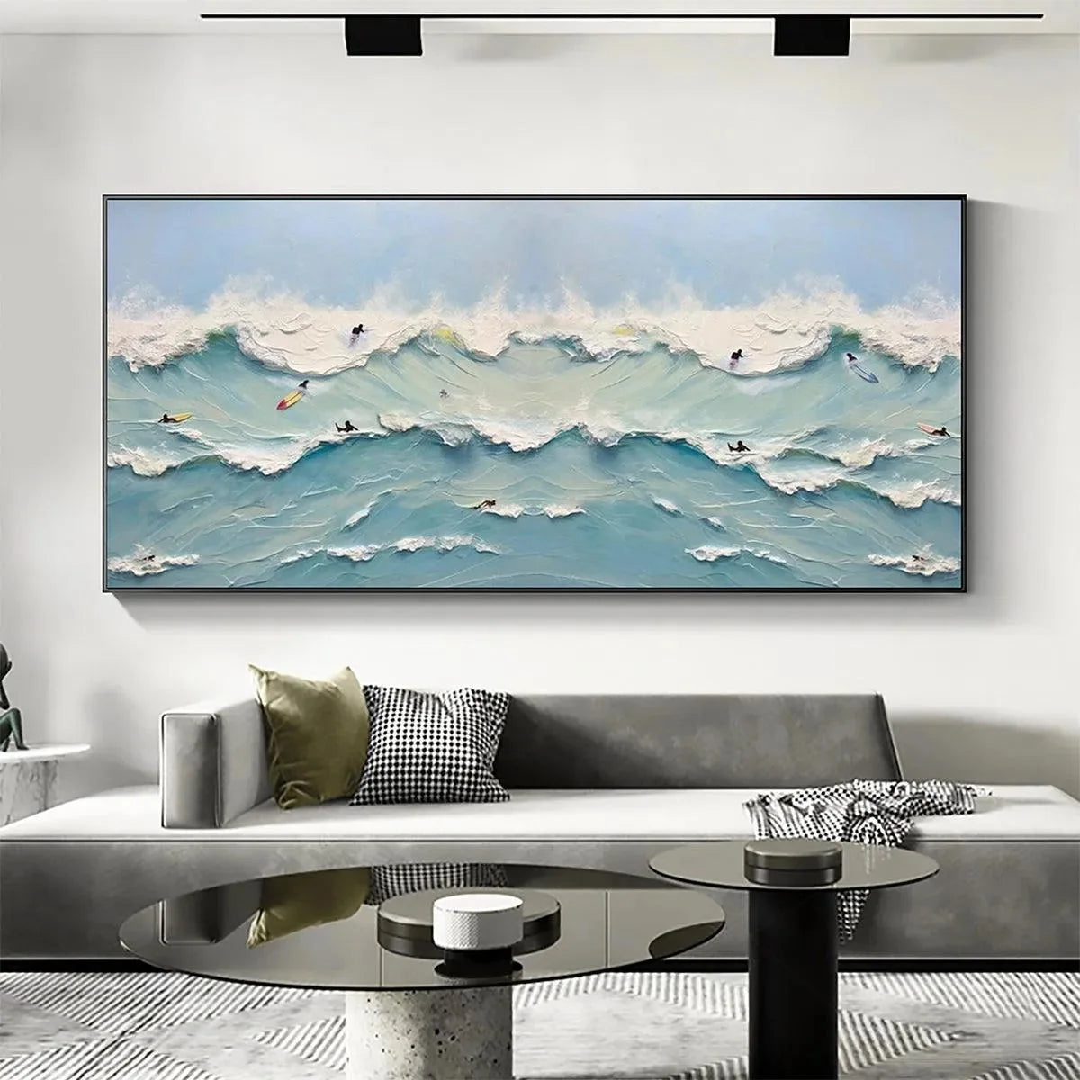 OCEAN'S HEARTBEAT: Panoramic Ocean Wave Painting with Surfers for Living Room | Abstract closeup, raised brushwork detail