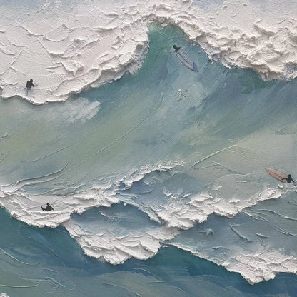 OCEAN'S HEARTBEAT: Panoramic Ocean Wave Painting with Surfers for Living Room | rectangular format, hand-painted canvas edge