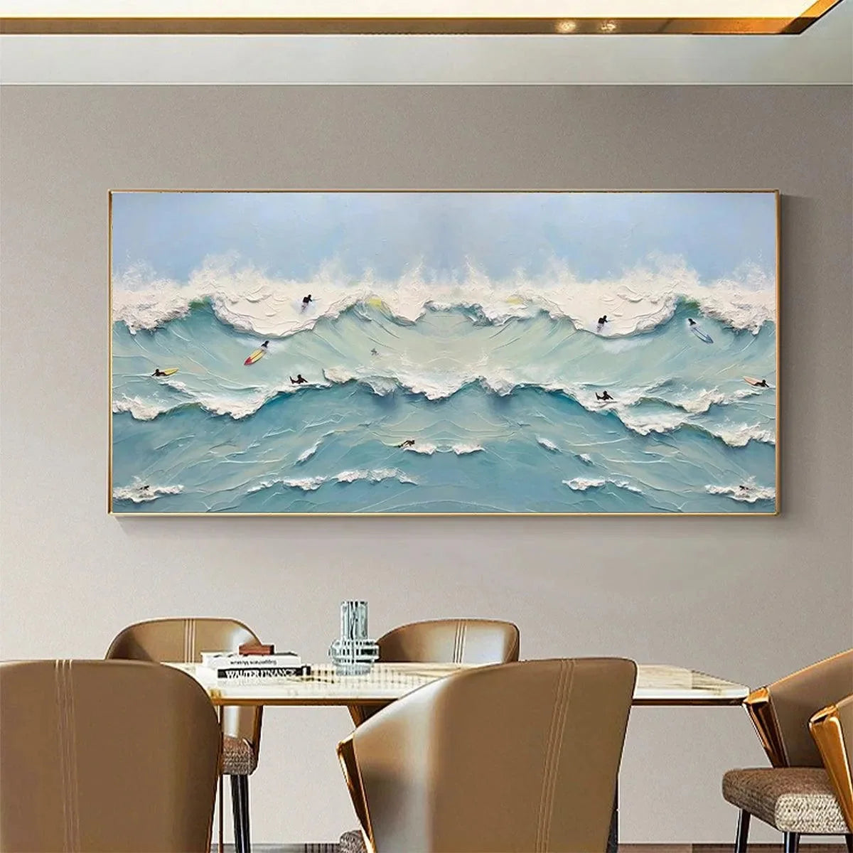 OCEAN'S HEARTBEAT: Panoramic Ocean Wave Painting with Surfers for Living Room | gold frame stretched on neutral wall